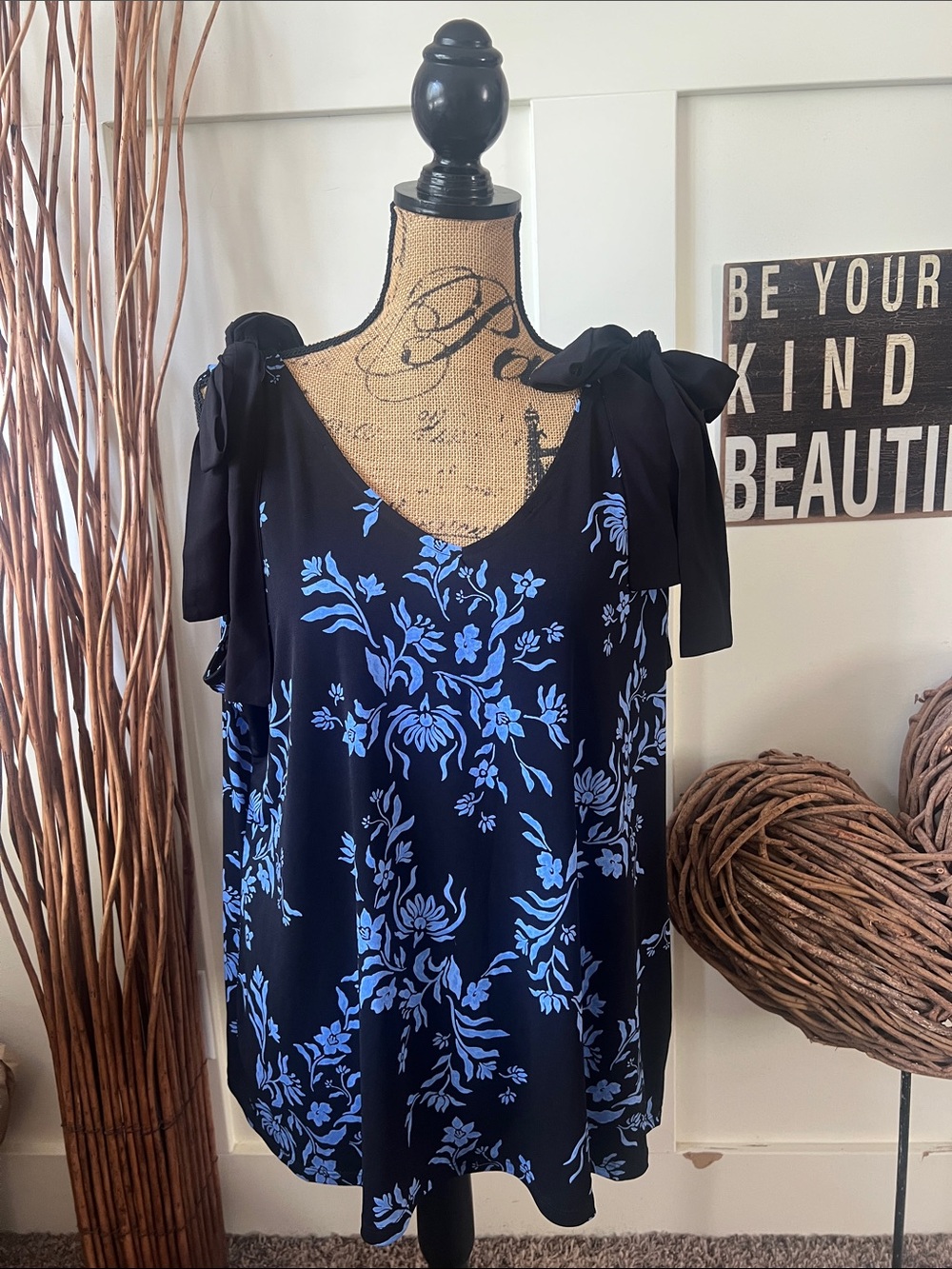 Cato Black Camisole with Blue Floral Print and Tie Shoulders
